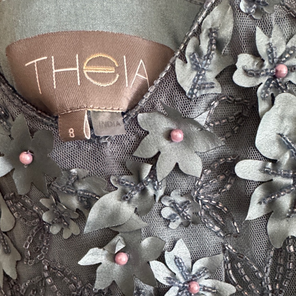 Theia Blue and Pink Floral Appliqué Dress